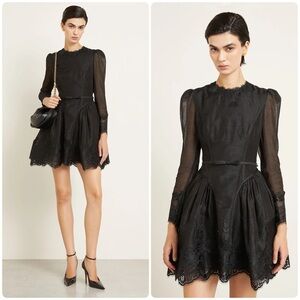 New! Zimmermann Hypnotic Black Lace-Trim Long Sleeve Mini Dress 🖤 Medium NWT!